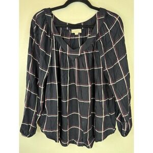 LOFT Navy Blue Plaid Long Sleeved V Neck Blouse Size L